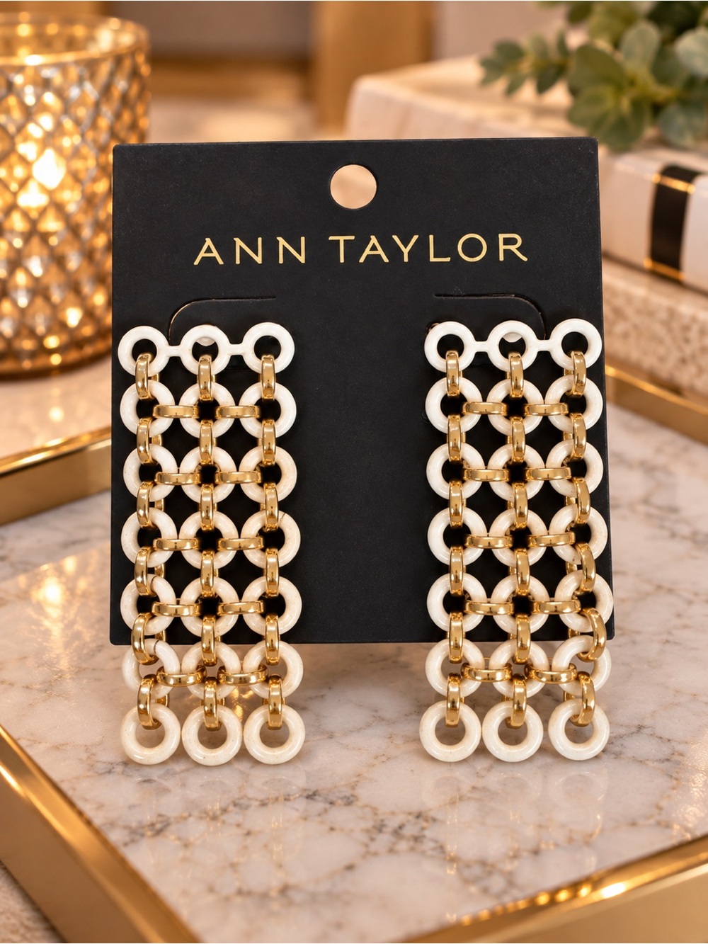 Ann Taylor GoldTone and White Link Drop Chandelier Earrings NWT
